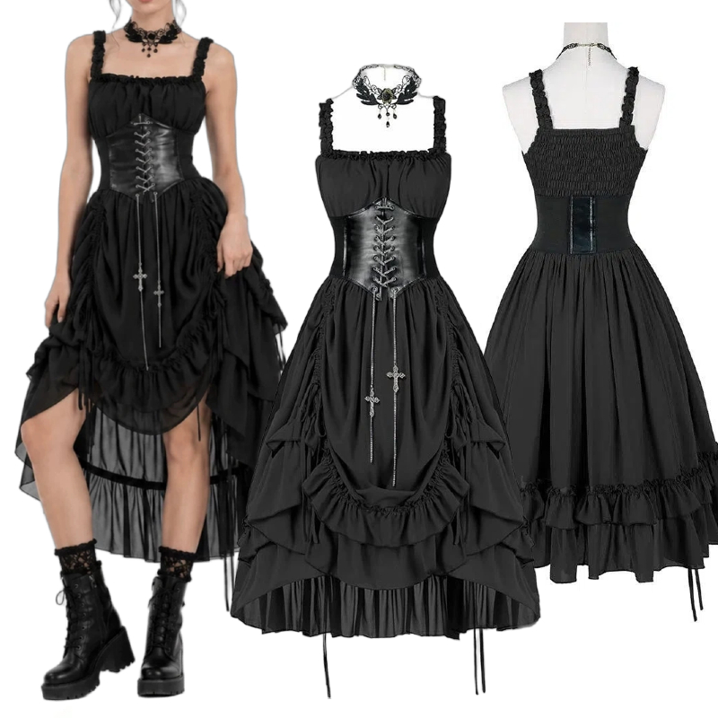 Vintage Fashion Dresses - فستان نسائي قوطي أسود بتصميم كورسيه،